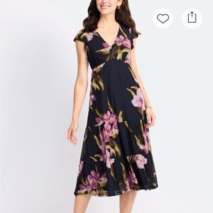 Les Serein navy with pink floral midi dress. Mesh overlay with solid navy base.